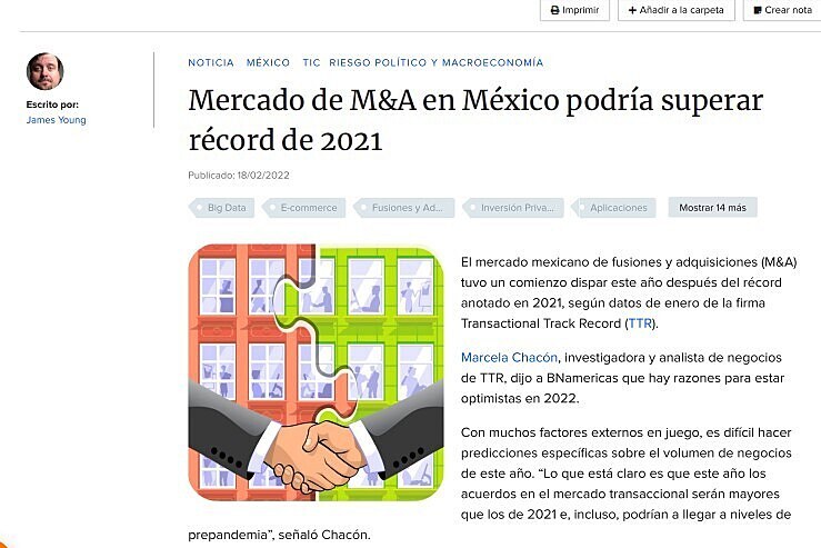 Mercado de M&A en Mxico podra superar rcord de 2021